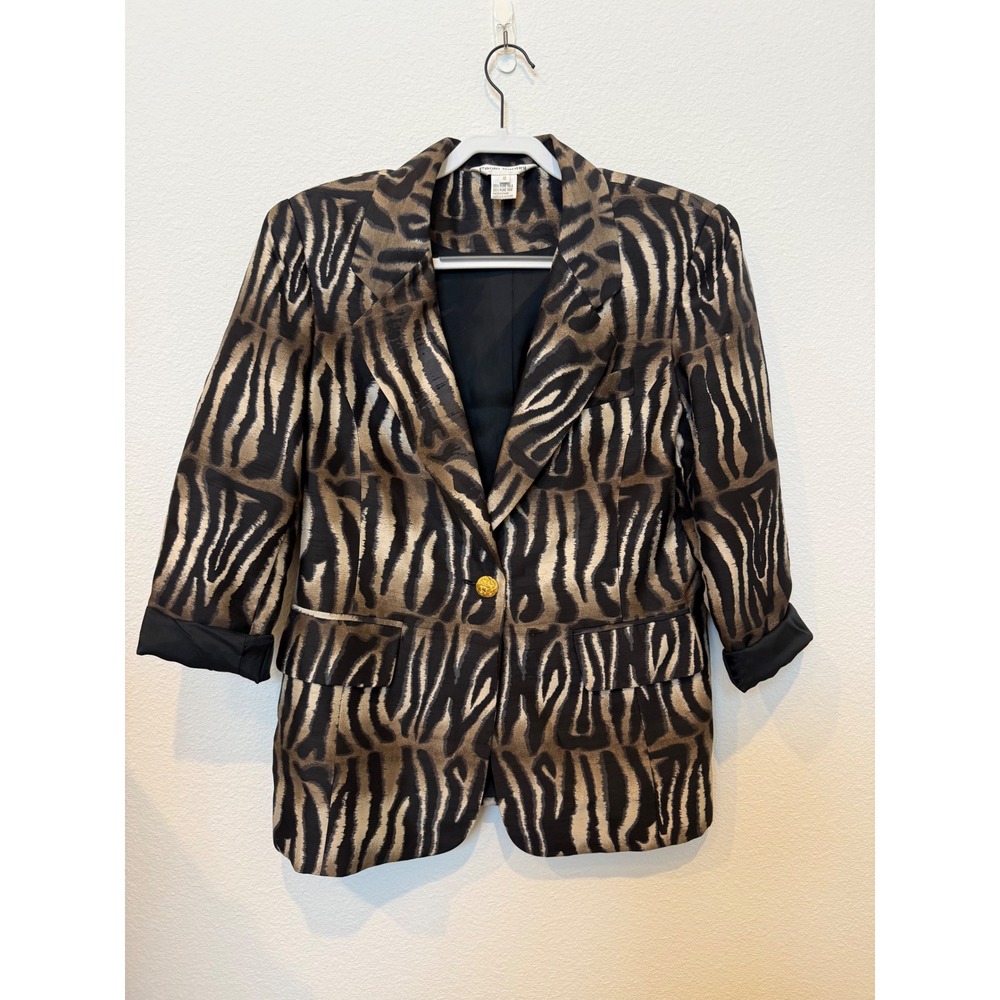 Vintage Paolo Santini 100% Silk Animal Print Blazer Size 12 Zebra Gold Button